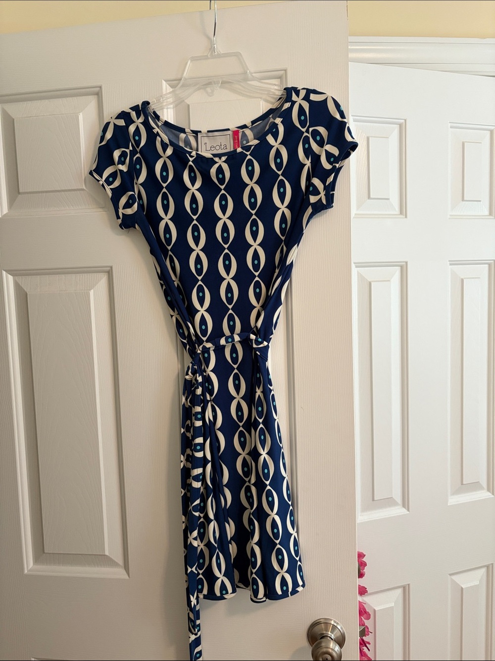 Leota Navy and White Geometric Wrap Midi Dress